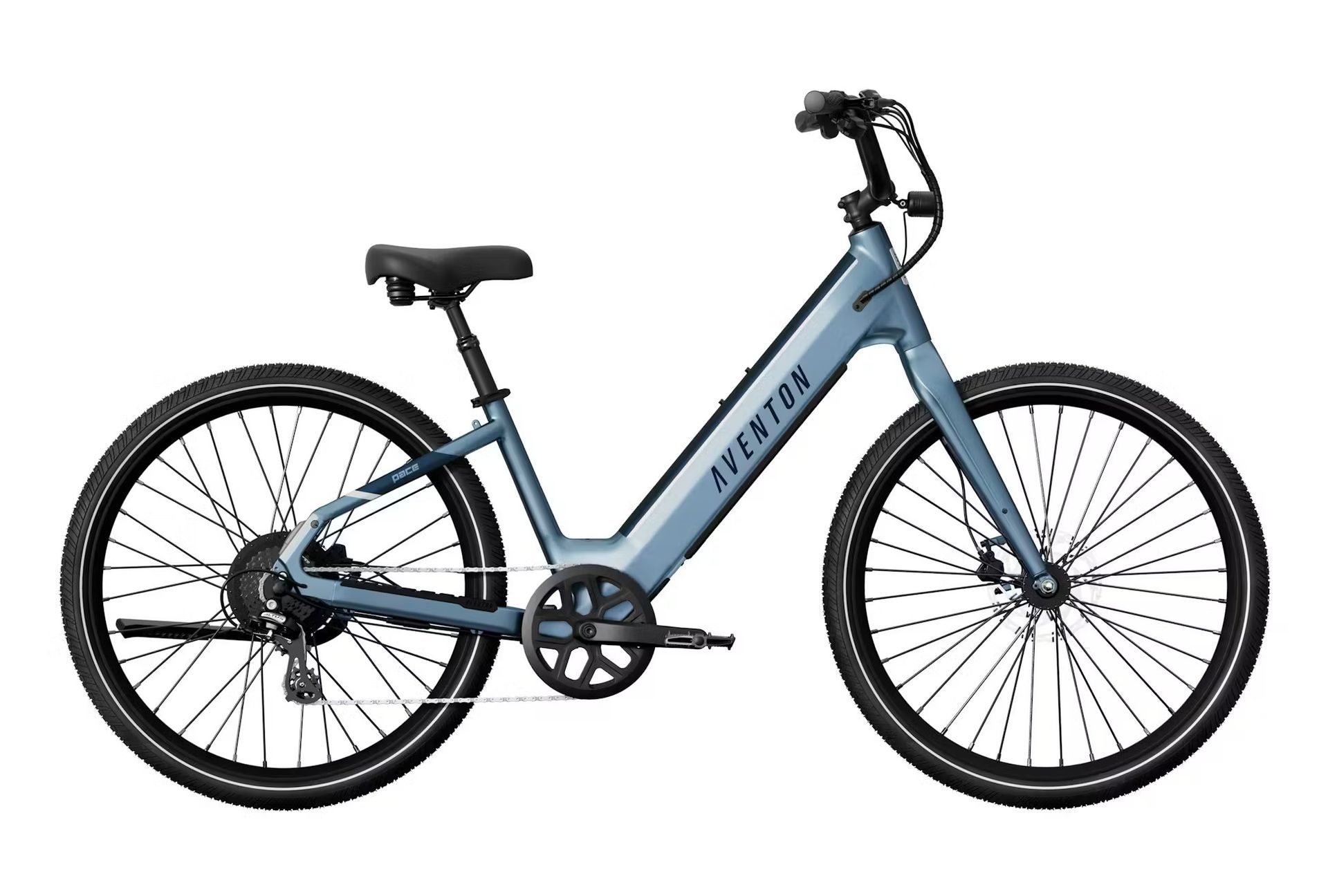 Blue Aventon electric bike on a white background.
