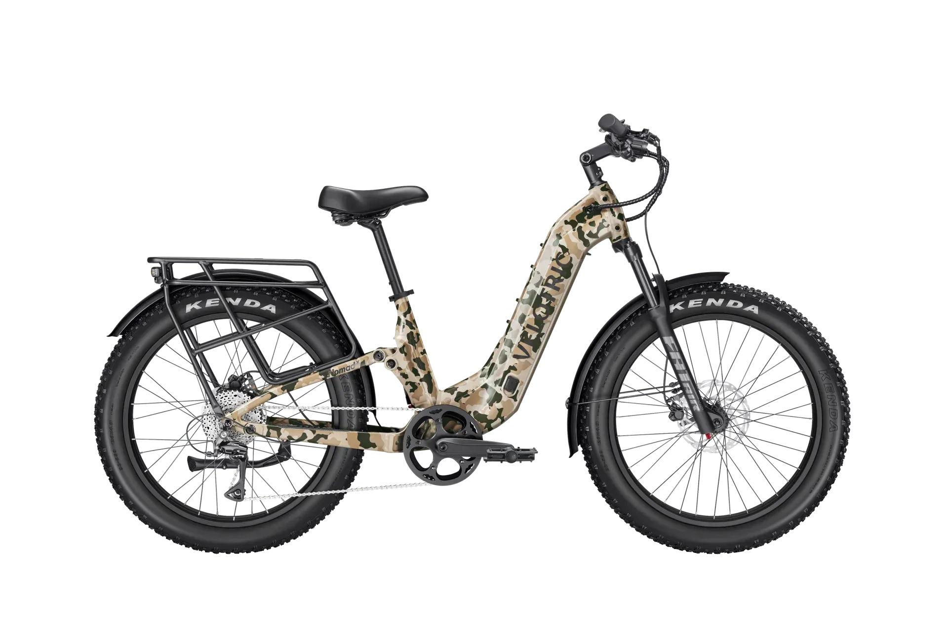 Tan and black fat tire electric bike with a rear rack.
