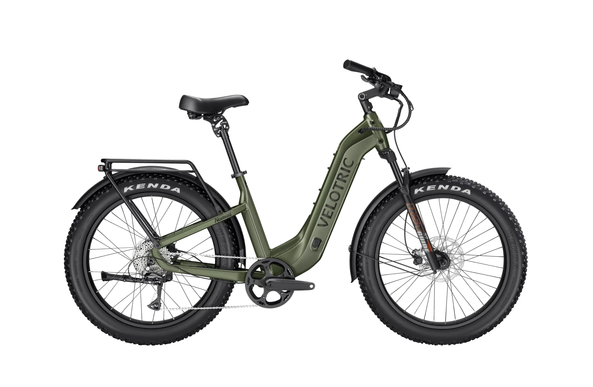 Green electric bicycle with black tires and rear rack.