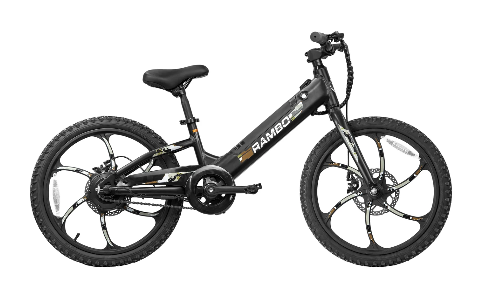 Black Rambo electric bike with black and white wheels, pedals, and a black seat.