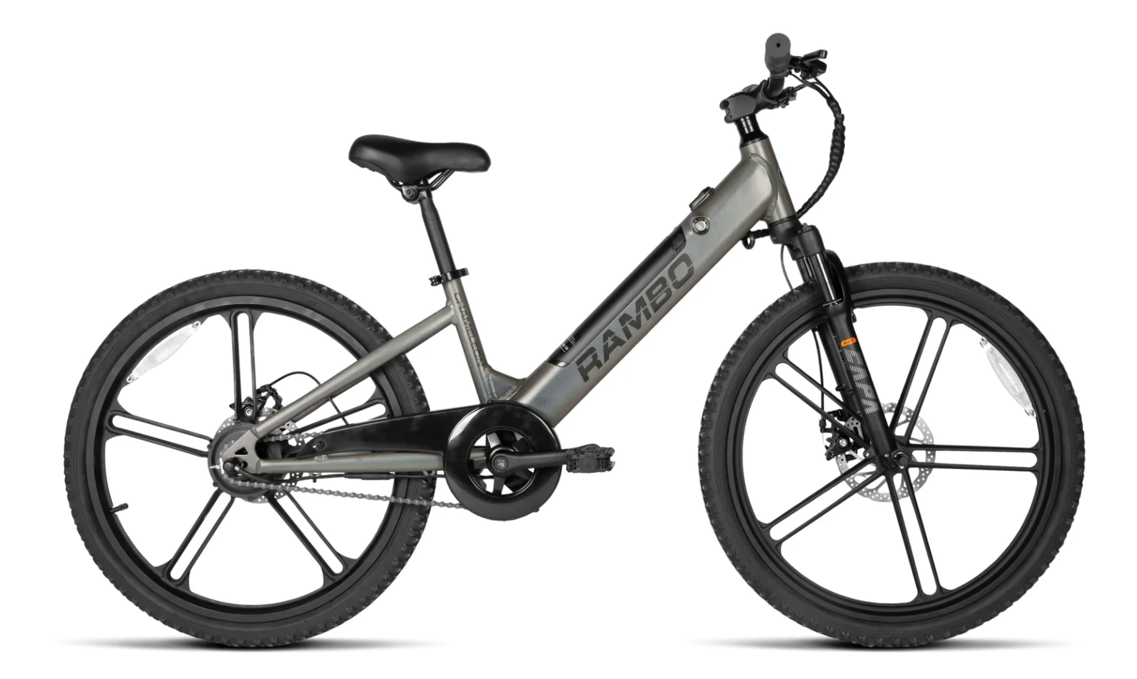 Gray Rambo electric bike with black tires and accents, on a white background.