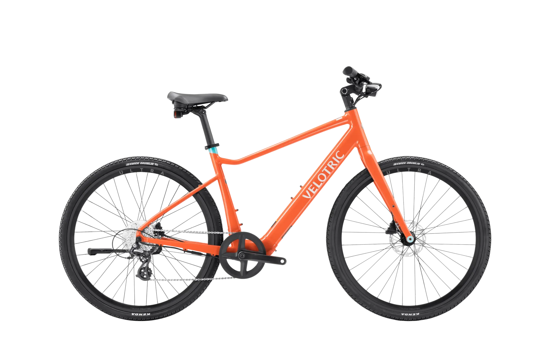 Orange Velotric commuter bike with black tires and components, angled slightly to the left.
