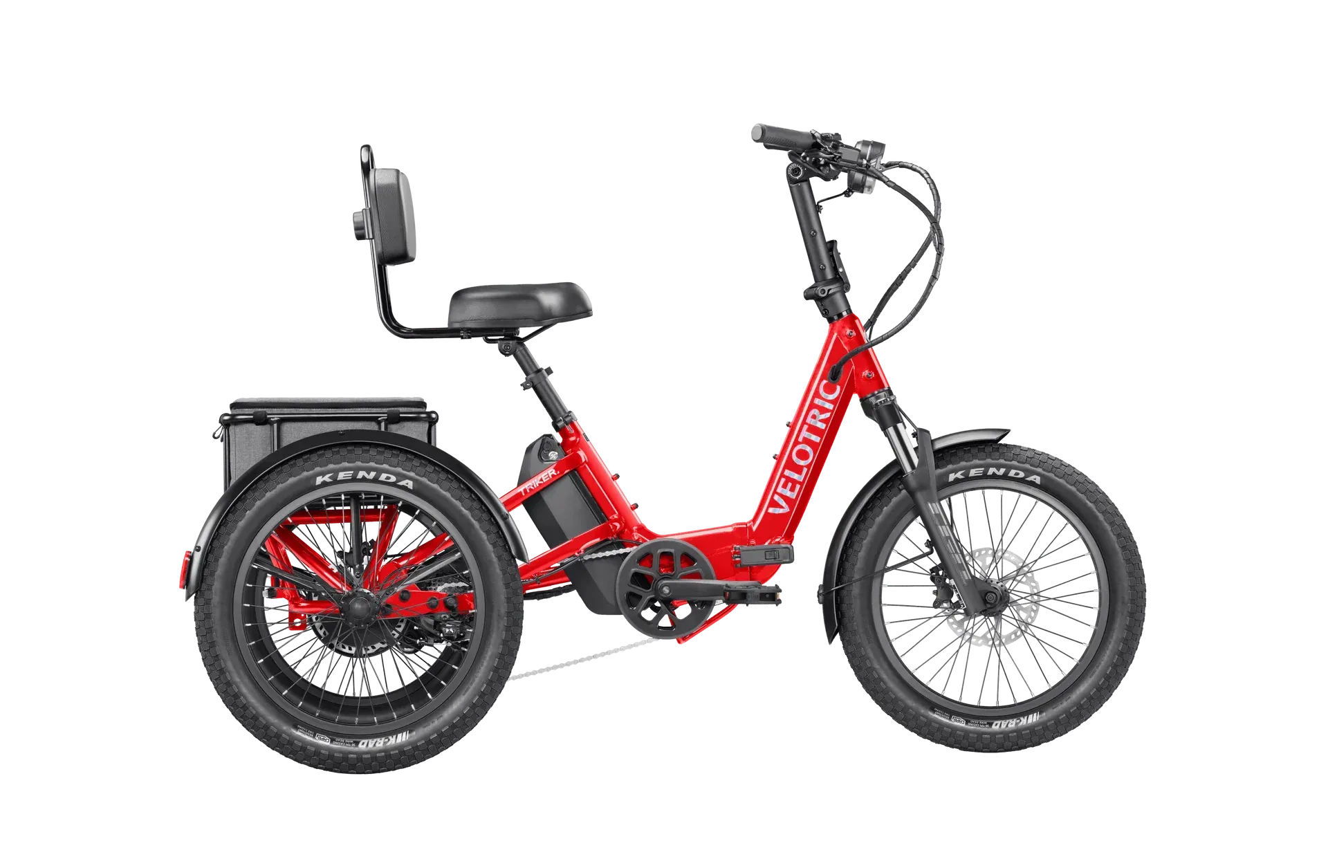 Red electric tricycle with fat tires and a backrest.