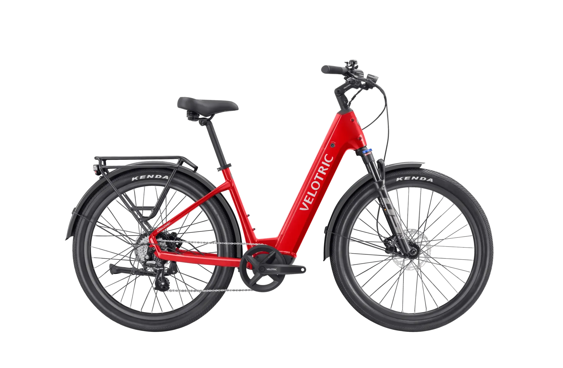Red electric bicycle on a white background with black wheels, fenders, and rack.
