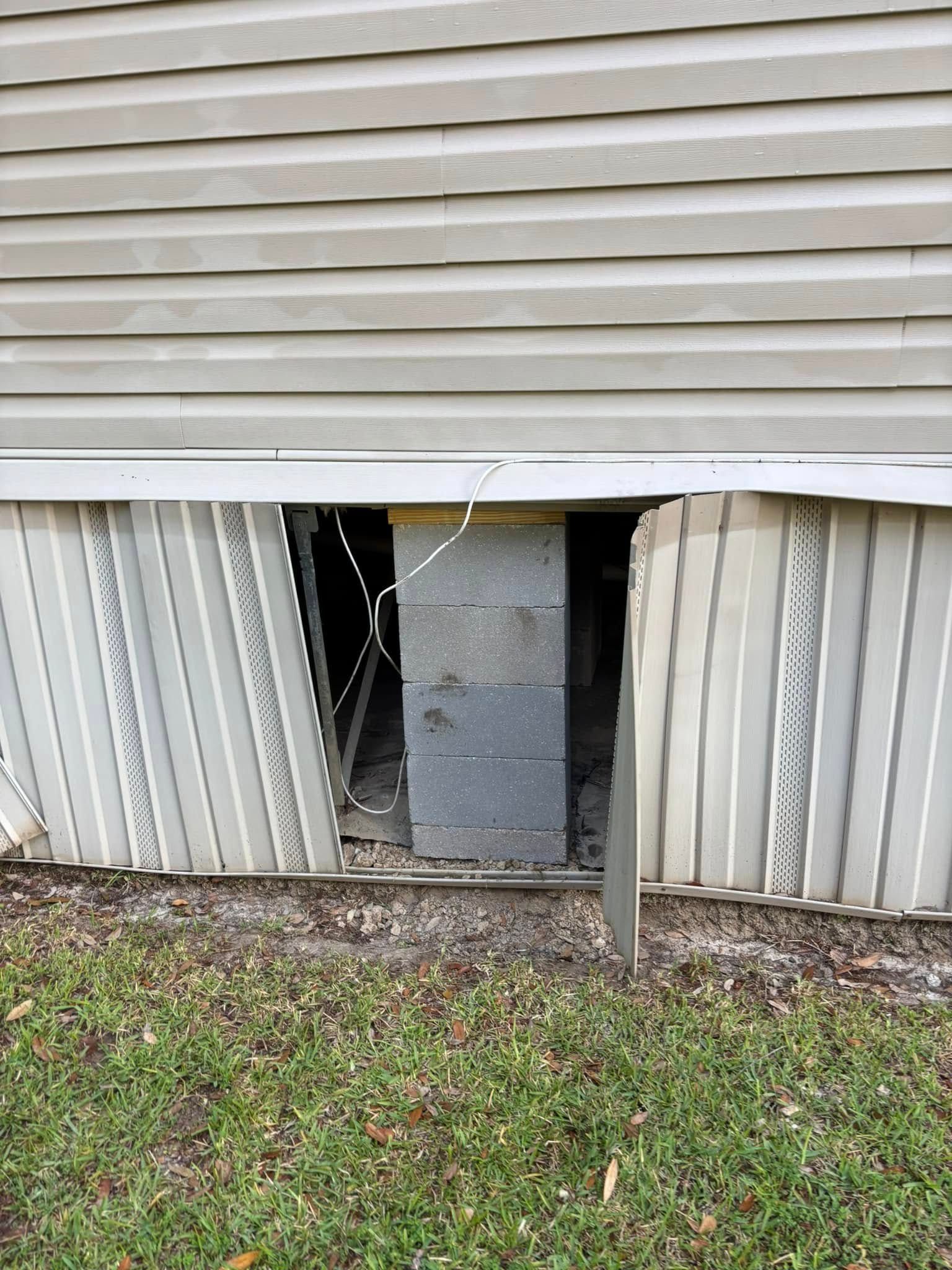 A concrete block is sticking out of a hole in the side of a house.