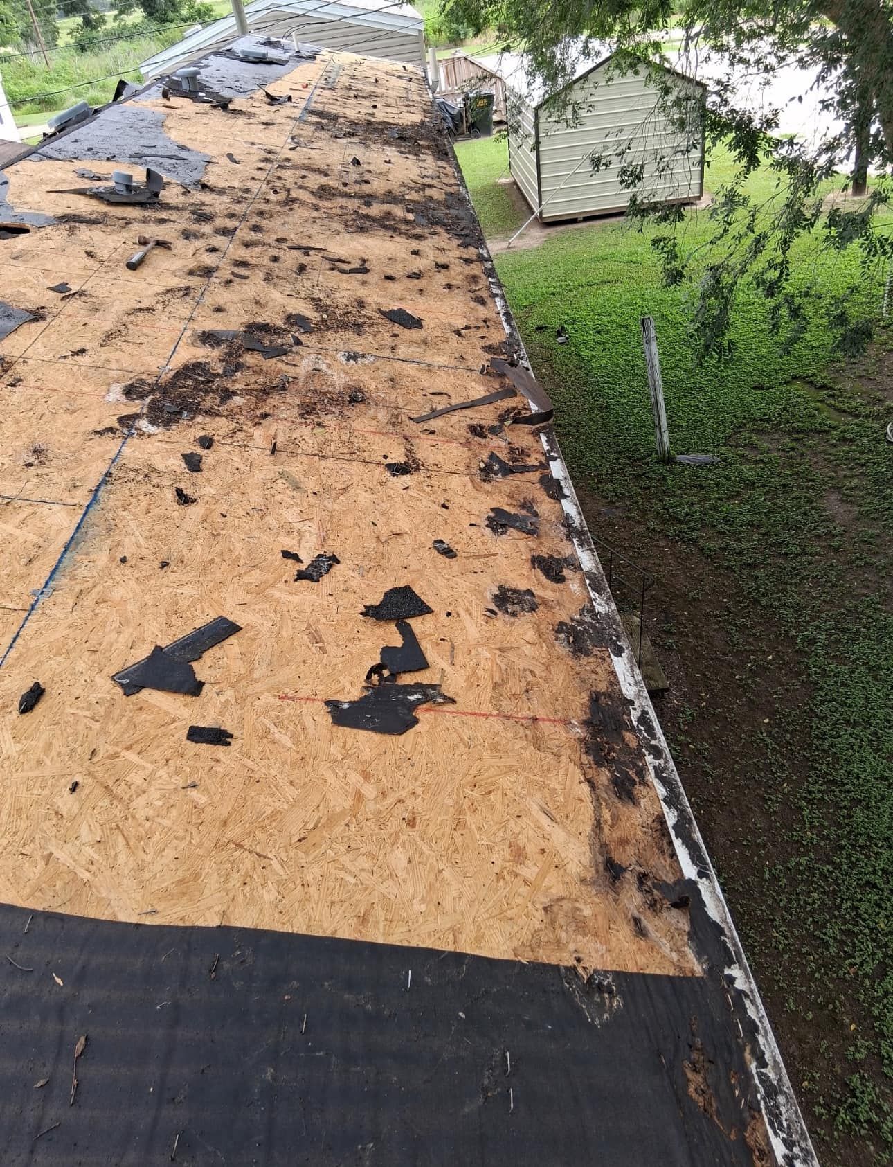 Roofing underlayment exposed after removing shingles. Brown wood, black tar, green grass in a residential setting.