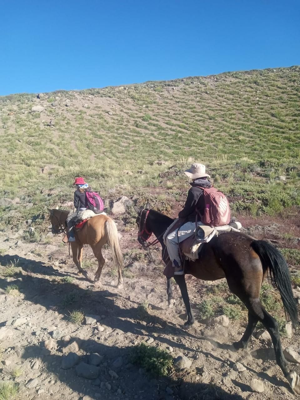 Dos personas a caballo subiendo una ladera en un día soleado.