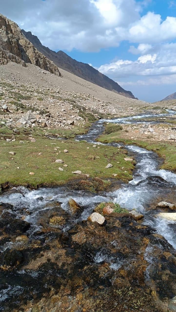 Un arroyo que fluye serpentea a través de un prado verde con montañas rocosas bajo un cielo azul.