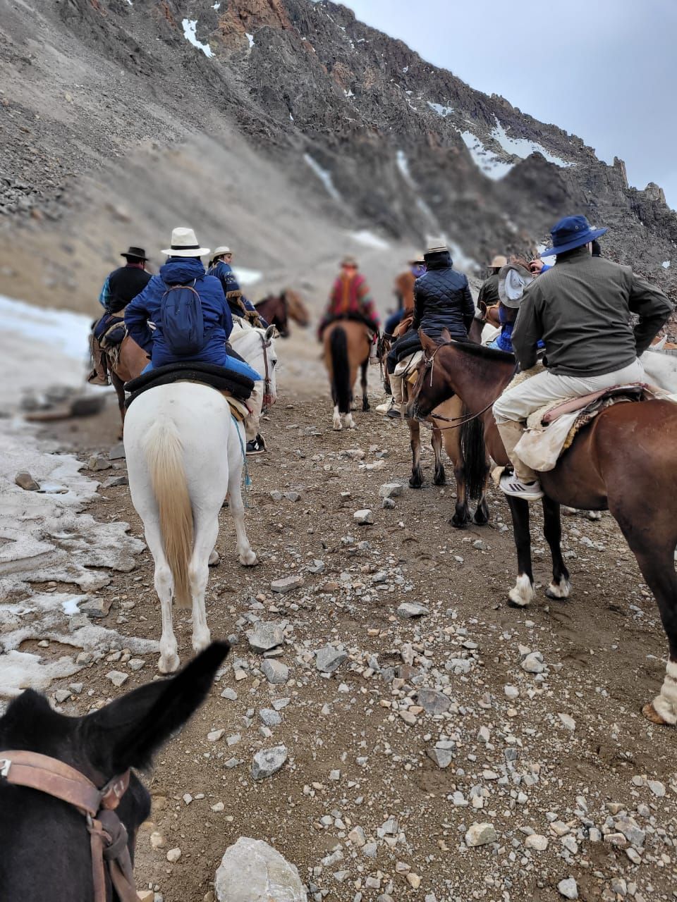 Personas a caballo por un sendero rocoso de montaña. Caballos marrones y blancos con jinetes con chaquetas.