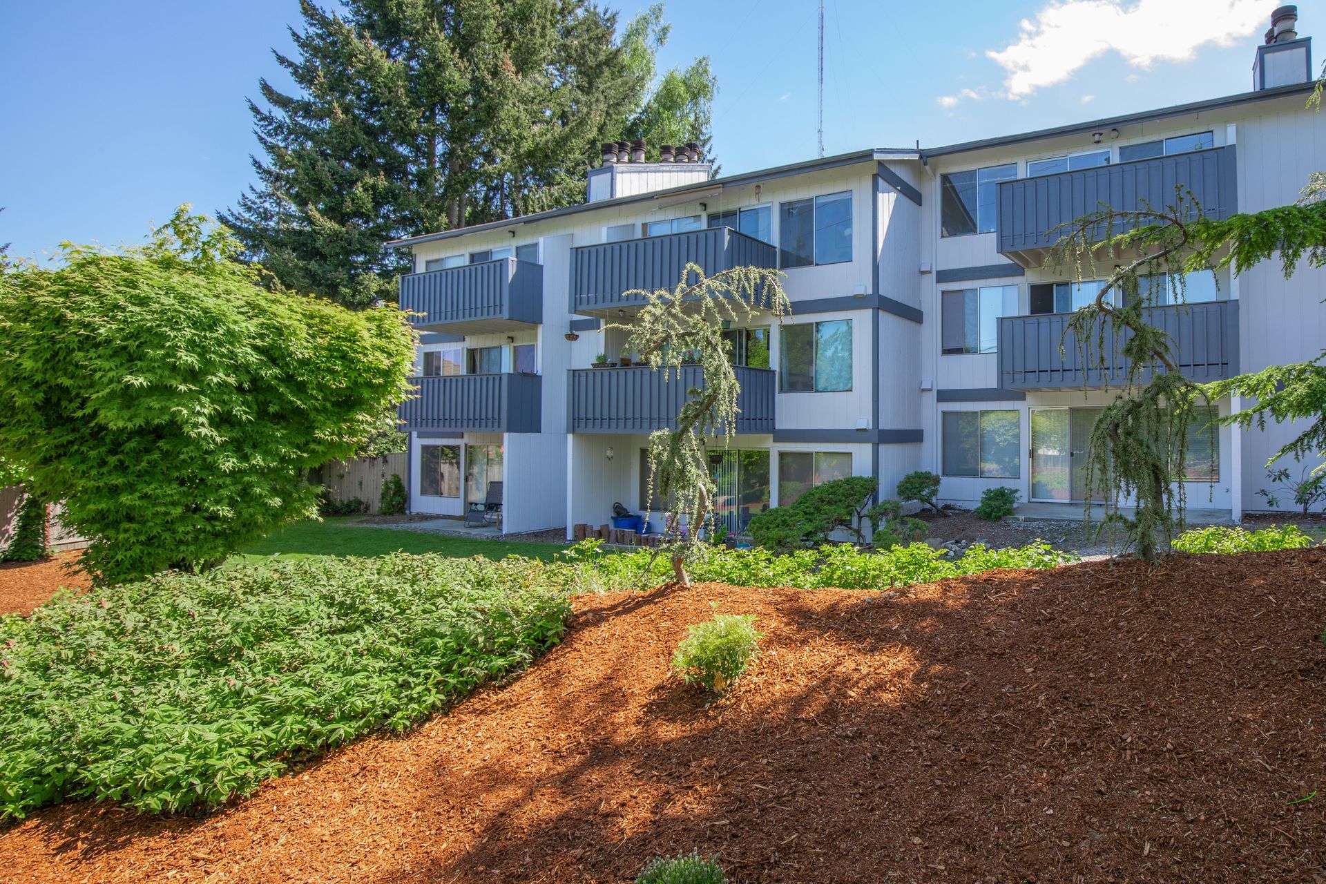 A large apartment building with a lot of windows and trees in front of it.