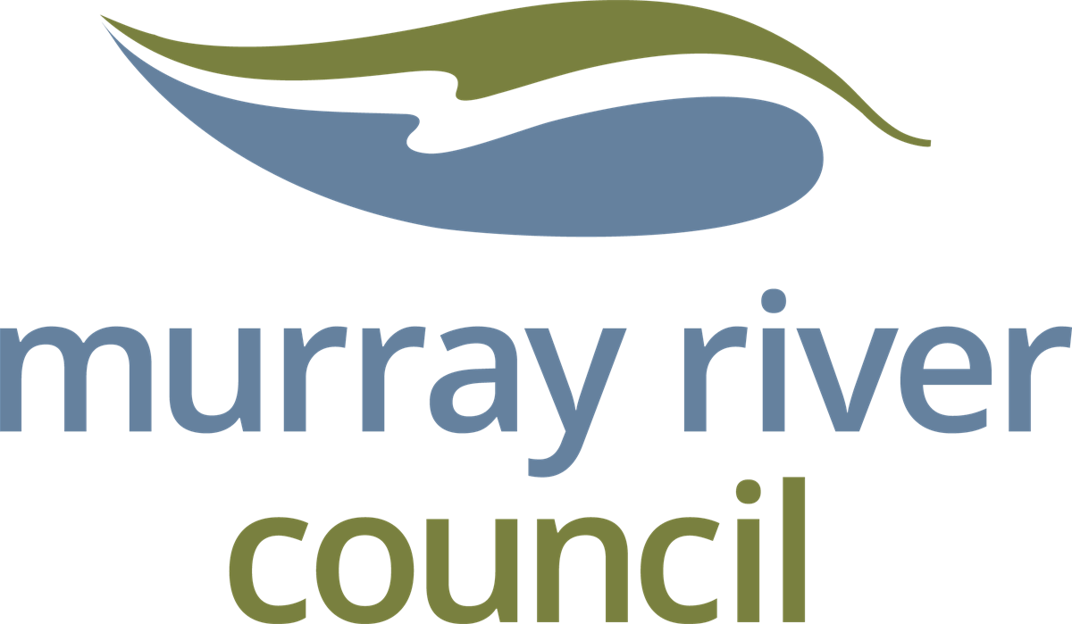 Murray River Council logo: stylized blue river with green foliage, blue text 