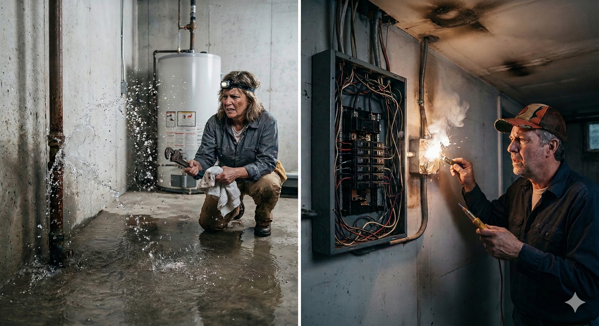 Woman in flooded basement, holding a wrench. Man near sparking electrical panel. Both look concerned.