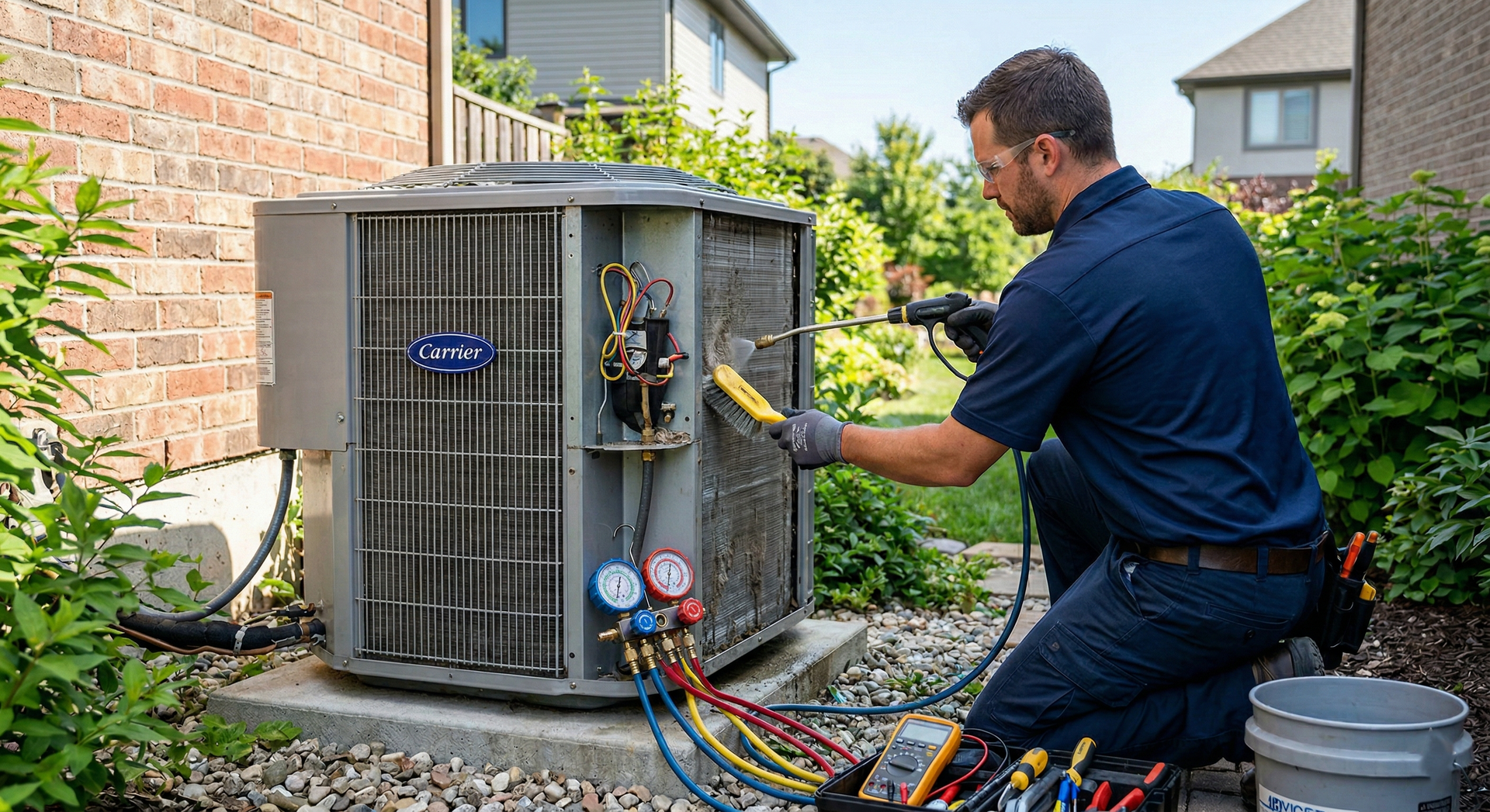A technician in a navy uniform kneels outside, using a tool to service a residential air conditioning unit.