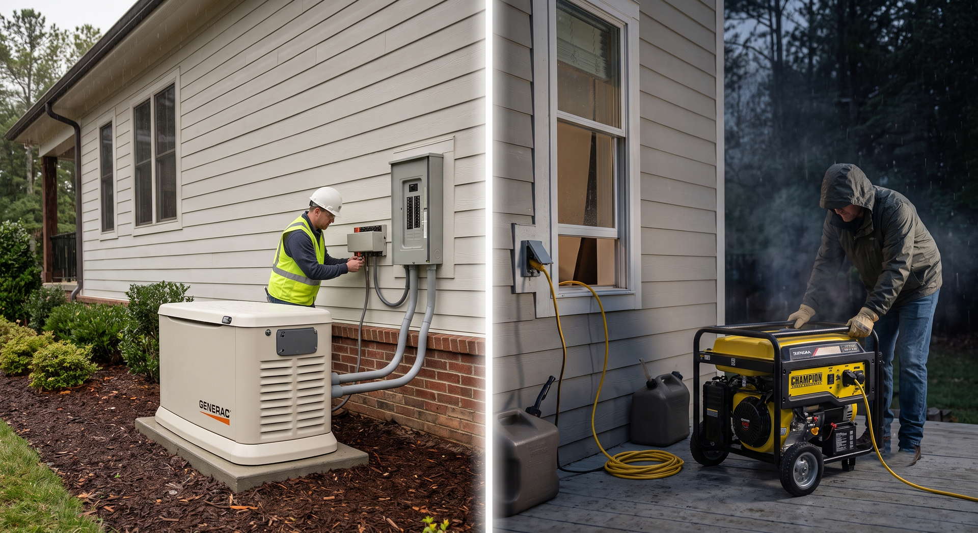 Split image: outdoor HVAC technician servicing a home unit; worker operating a generator at night in rain.