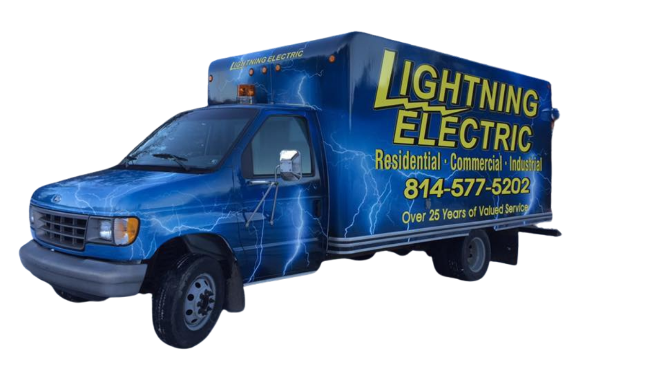 Blue Lightning Electric service truck. Text includes residential, commercial, mobile services and contact info.