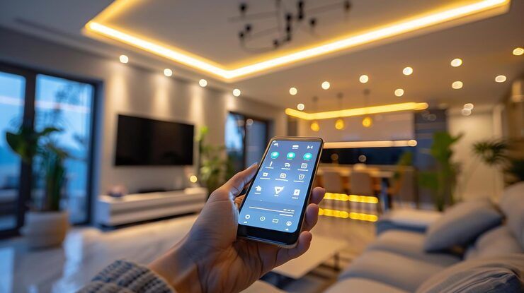 Person holding a smartphone with home automation controls, in a modern living room.