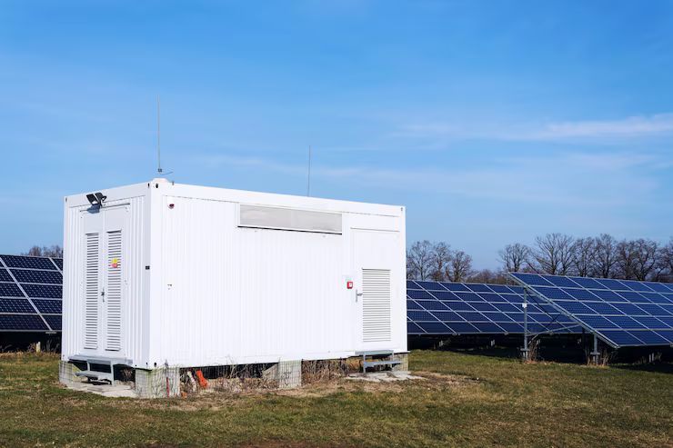 White container in a field of solar panels under a clear blue sky.