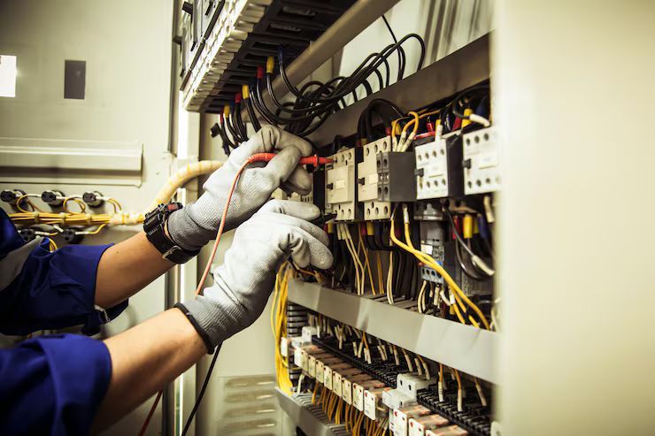 Electrician testing wires in an electrical panel, wearing gloves and a blue uniform.