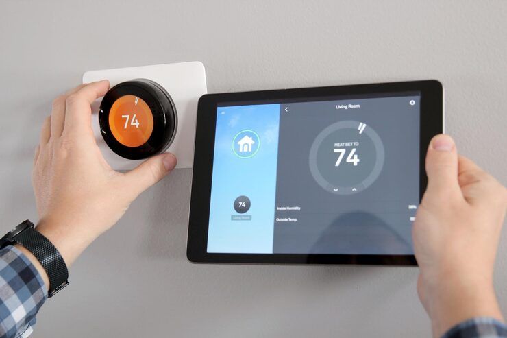 Person adjusts thermostat next to tablet showing matching temperature of 74 degrees.