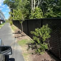 A black fence is along the side of a road.