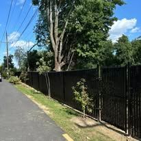 There is a black fence along the side of the road.