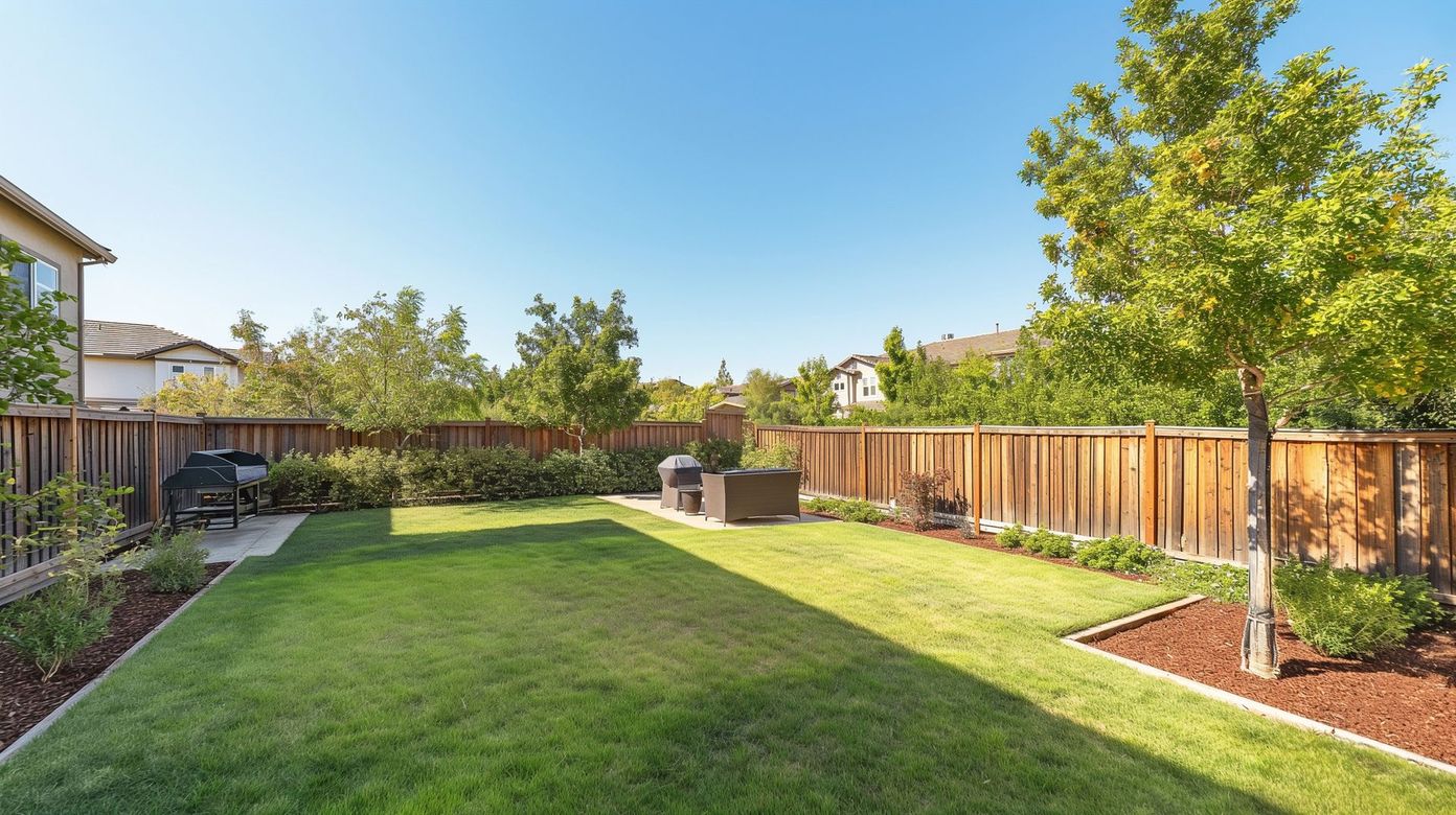 A backyard with a lush green lawn and a wooden fence.