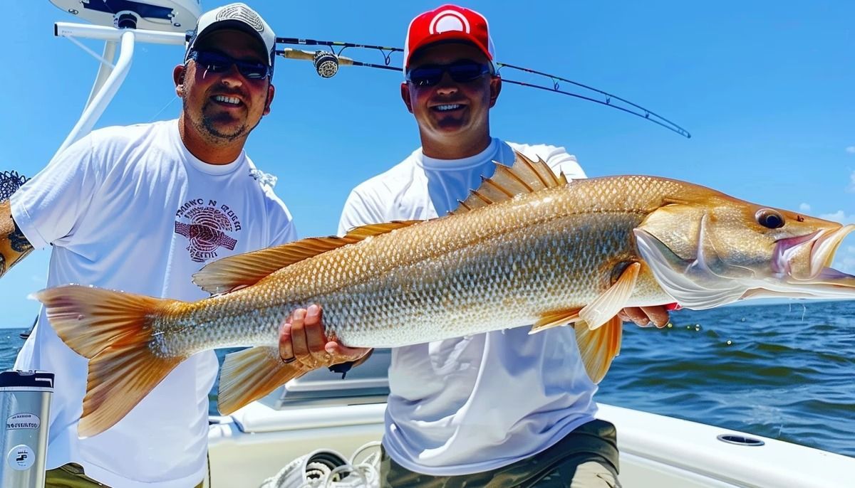 Two men are holding a large fish on a boat.