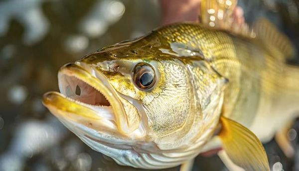 Close-up of a fish with open mouth held near water; shades of gold, green and brown are prominent.