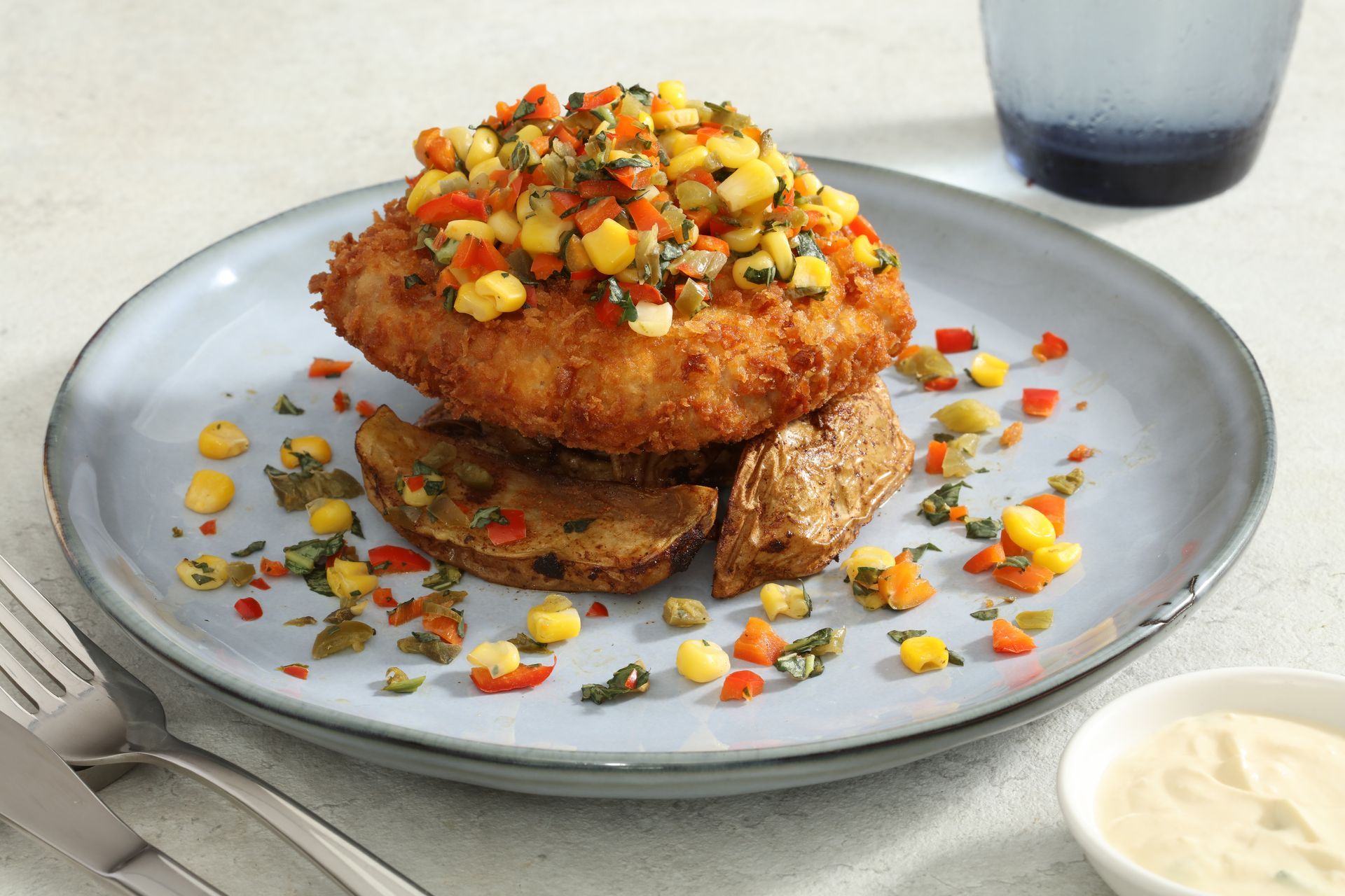 A breaded, fried patty topped with corn salsa, served on roasted potato wedges on a blue plate with a side of sauce.