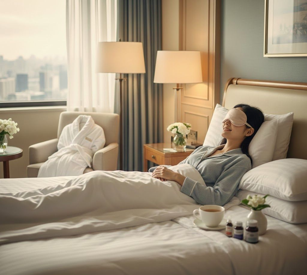 Woman in eye mask relaxing in a hotel bed.  