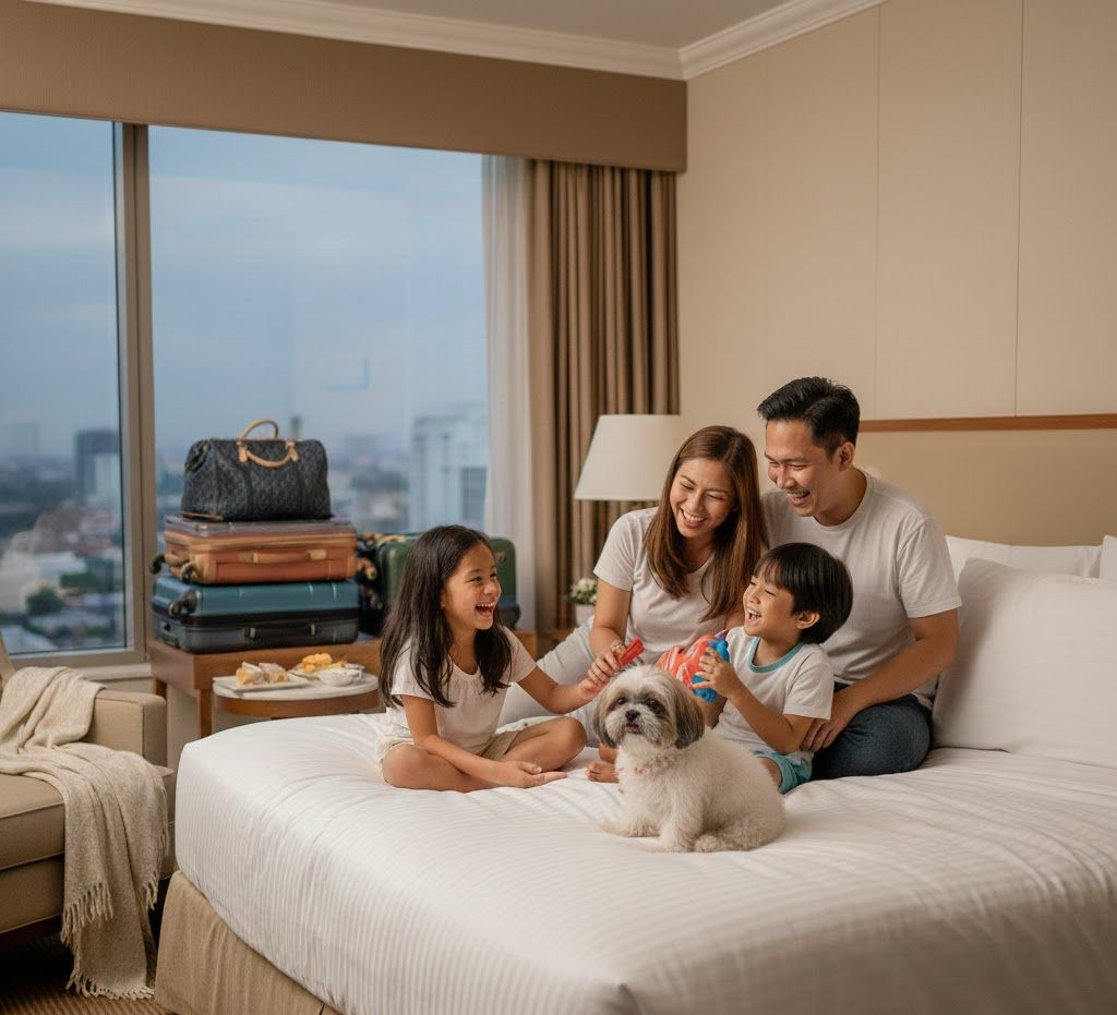 Family with a dog smiles and plays on a hotel bed near a window. Luggage visible.