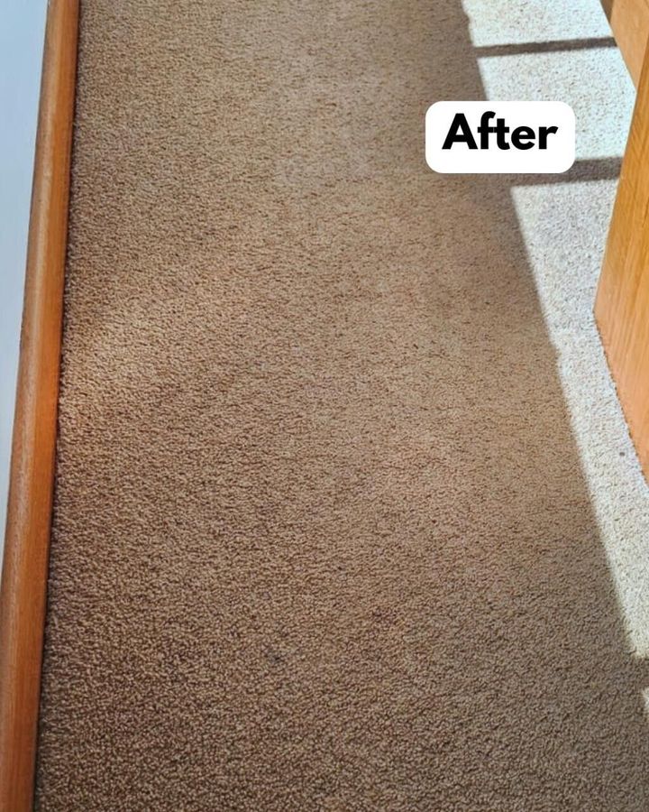 A close-up view of clean, light brown, textured carpet flooring beside a wooden baseboard with a white "After" label.