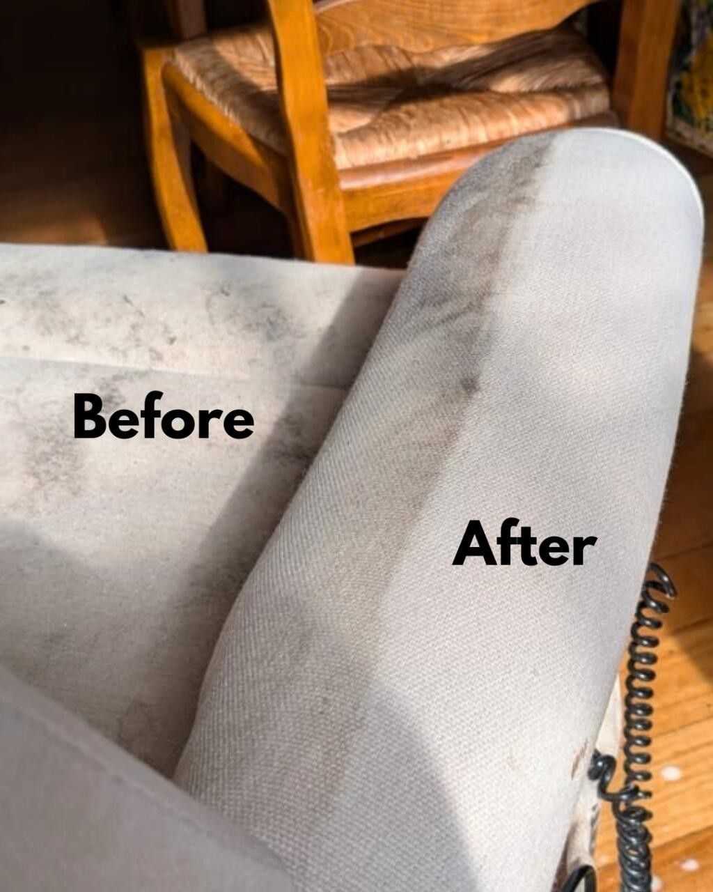 A split-screen comparison of a light-colored chair armrest showing a dirty section labeled "Before" and a clean section labeled "After."