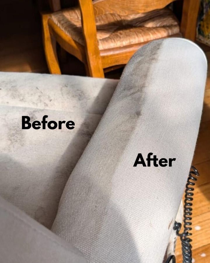 A split-screen comparison of a light-colored chair armrest showing a dirty section labeled "Before" and a clean section labeled "After."