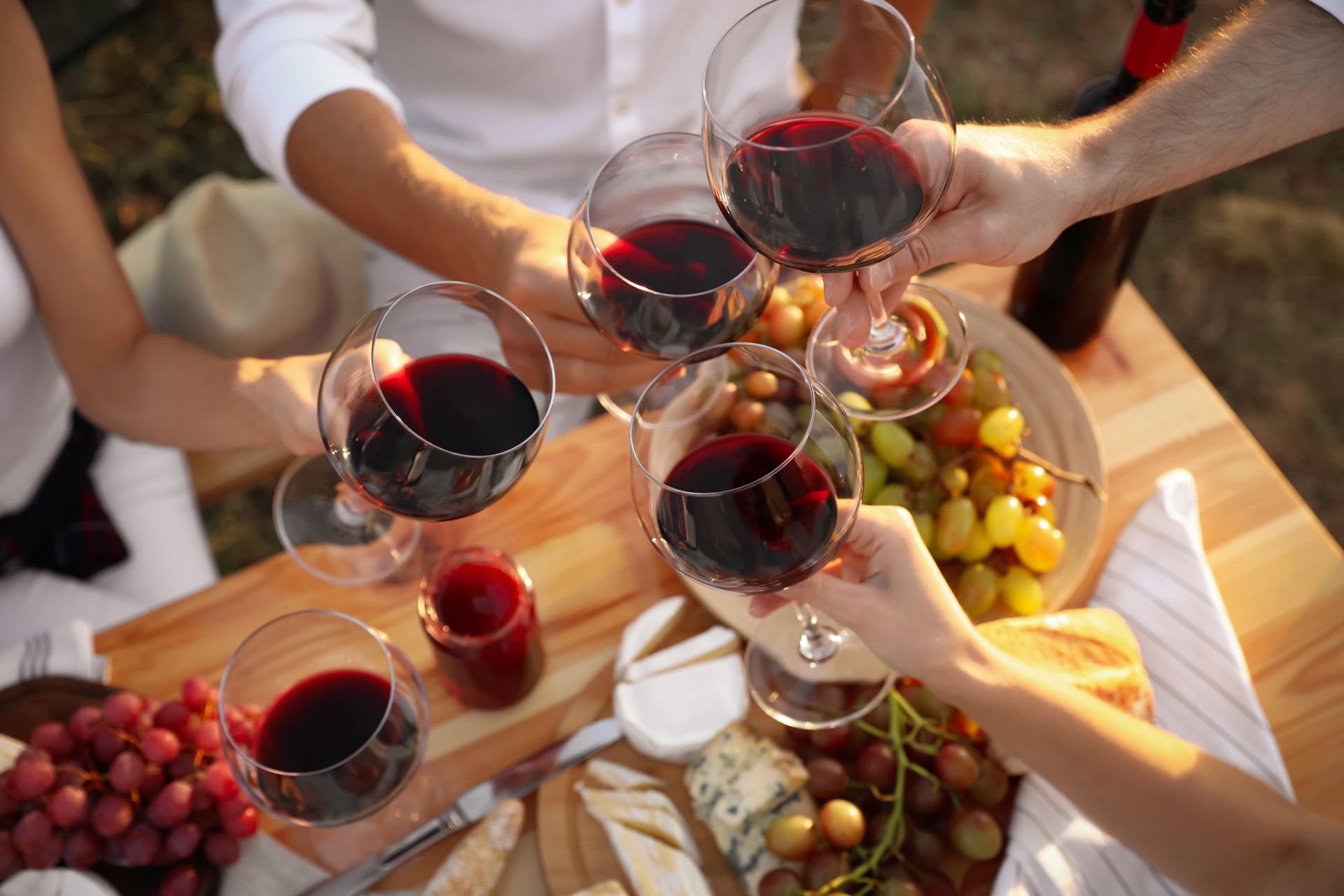 People toasting with red wine glasses during an outdoor picnic with grapes and cheese.