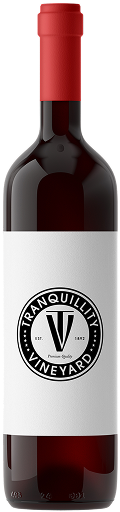 A bottle of wine with a white label and a red cap