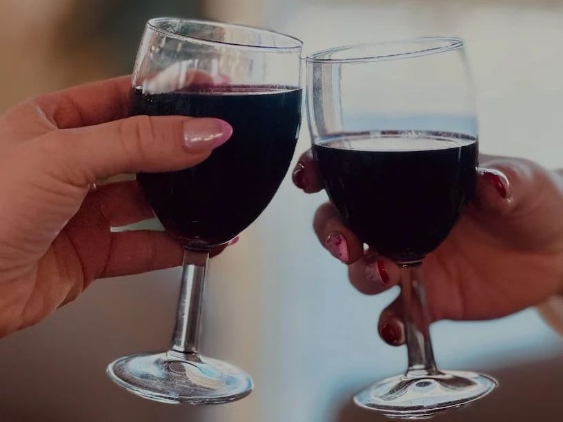 Two people are toasting with wine glasses in their hands