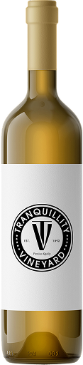 A bottle of wine with a white label and a gold cap