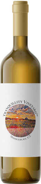 A bottle of wine with a white label and a gold cap