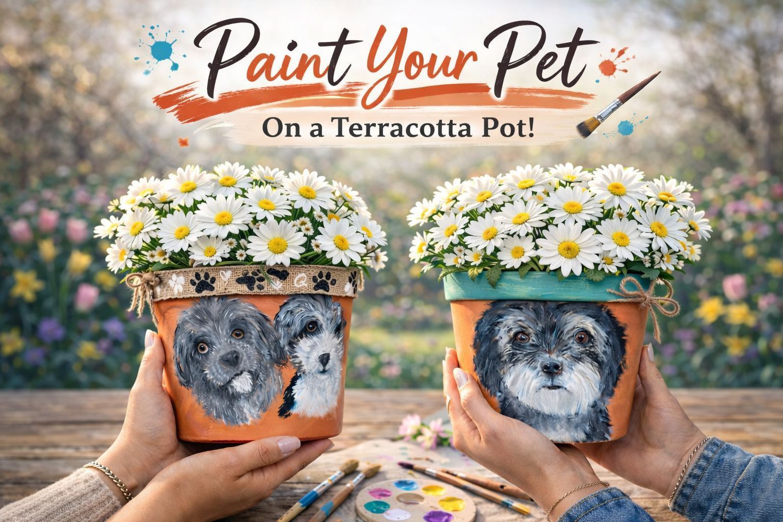 Two terracotta pots with painted pet portraits, daisy flowers, held by hands. 