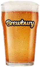 Glass of beer from Brewbury, light amber color with foam, condensation on glass.