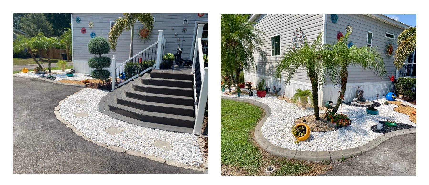 A couple of pictures of a house with stairs and a garden.