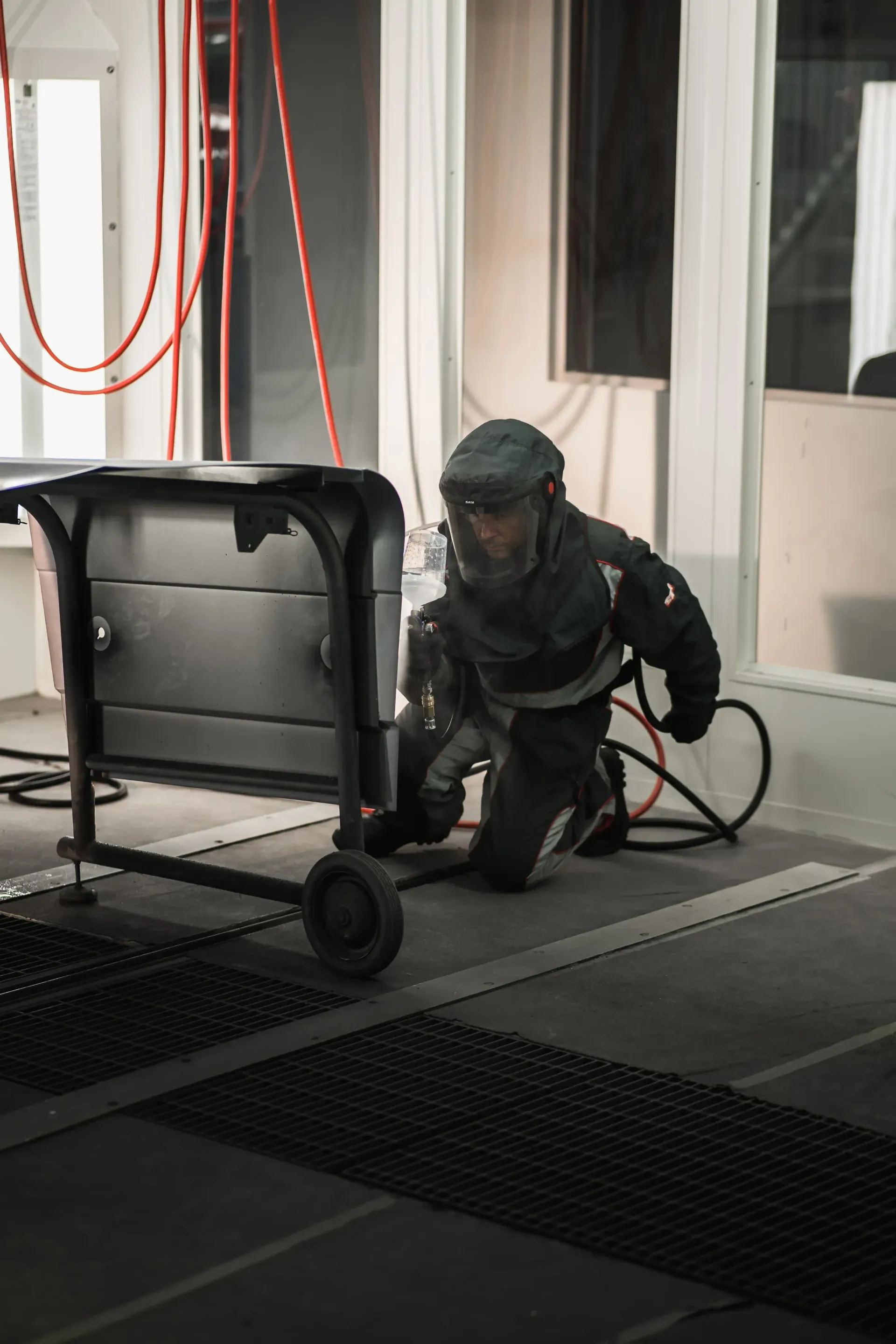 A man in a gas mask is kneeling down next to a cart.