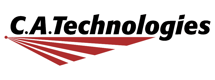 Un logo pour ca technologies avec une bande rouge et blanche sur fond blanc.