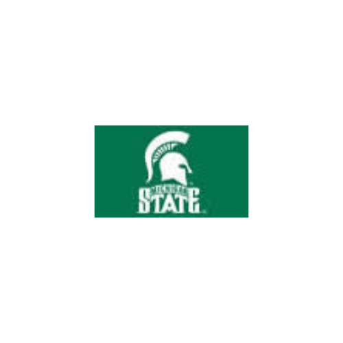 Michigan State Spartan logo on a green background, white Spartan helmet and