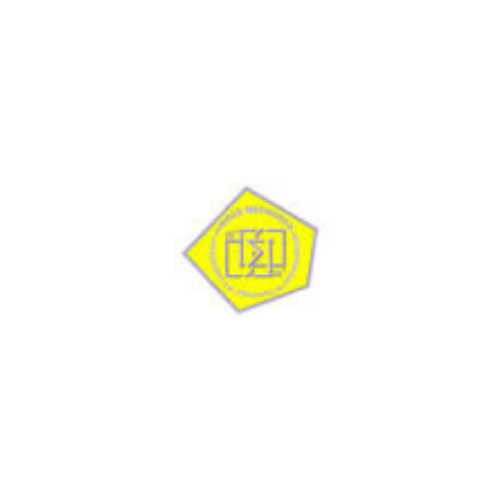 Yellow emblem with gray text and a geometric design.
