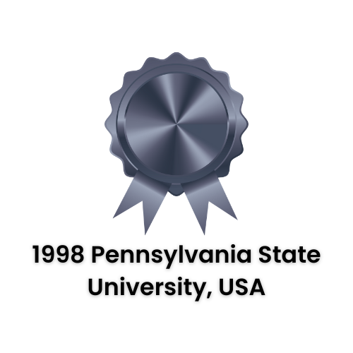 Silver award badge with text: 1998 Pennsylvania State University, USA.