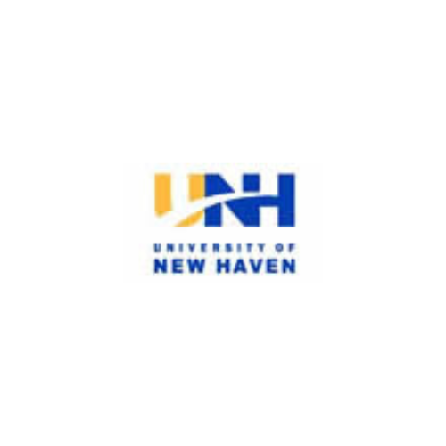 Logo for the University of New Haven. Blue and yellow “UNH” with a curved blue line over it; blue text beneath.