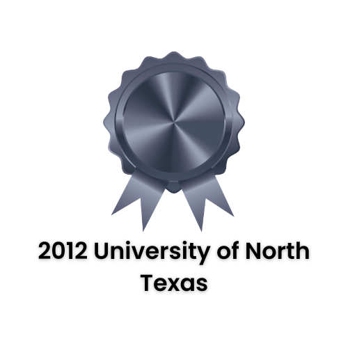 Silver award seal with ribbons; 2012 University of North Texas.