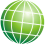 Green globe with white grid lines, representing the world.